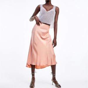 ZARA Peach Pink Satin Silk Midi Skirt